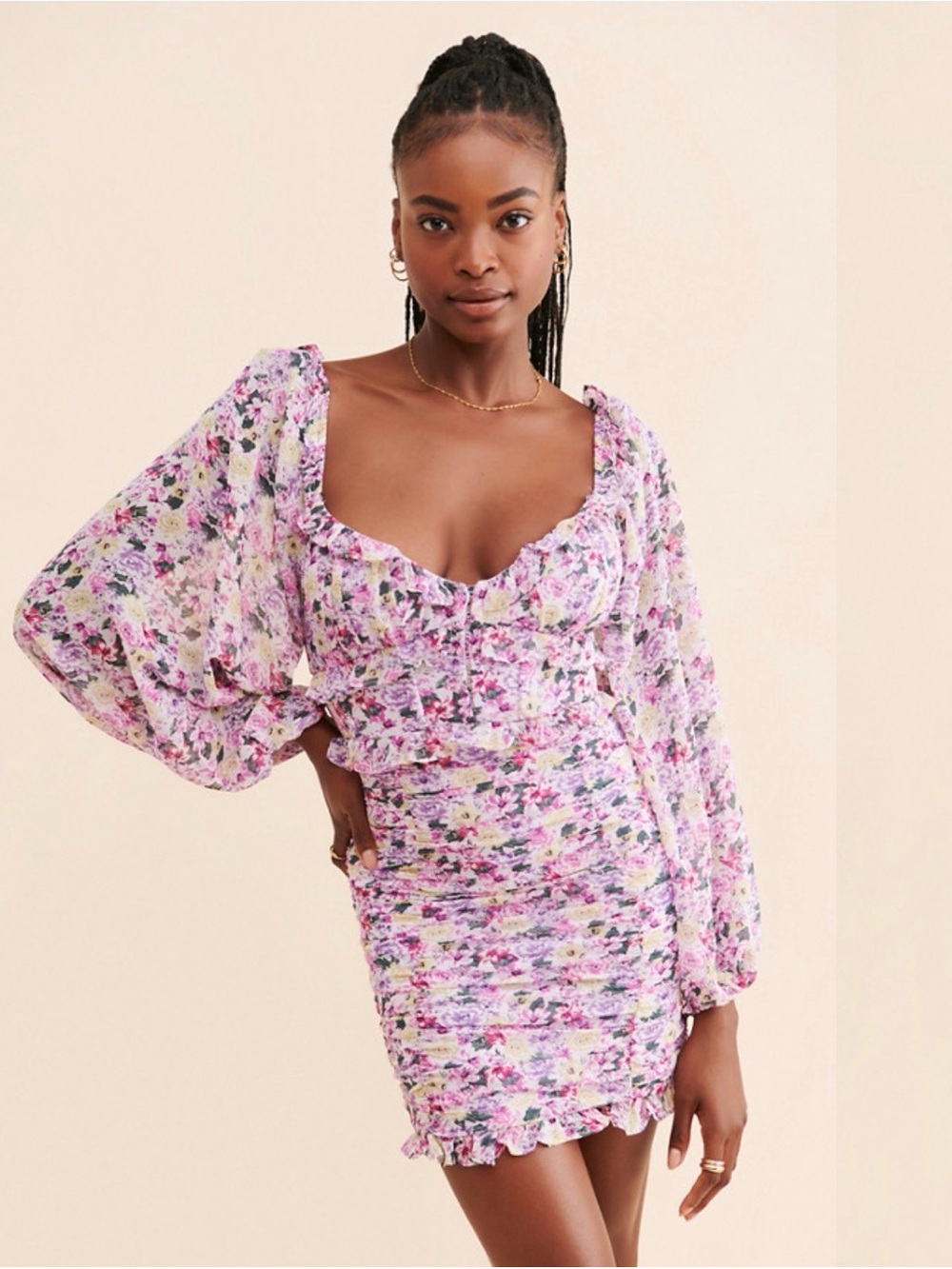 Astr the Label Purple Fuschia Floral Ruched Mini Dress Coquette Cottagecore
